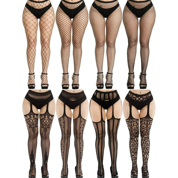 PHOGARY 8 Pairs Fishnet Stockings for Women, High Waist Tights for Women, Plus Size Ladies Fishnet Tights Fishnets Party Rhinestone Mesh Stockings Pantyhose