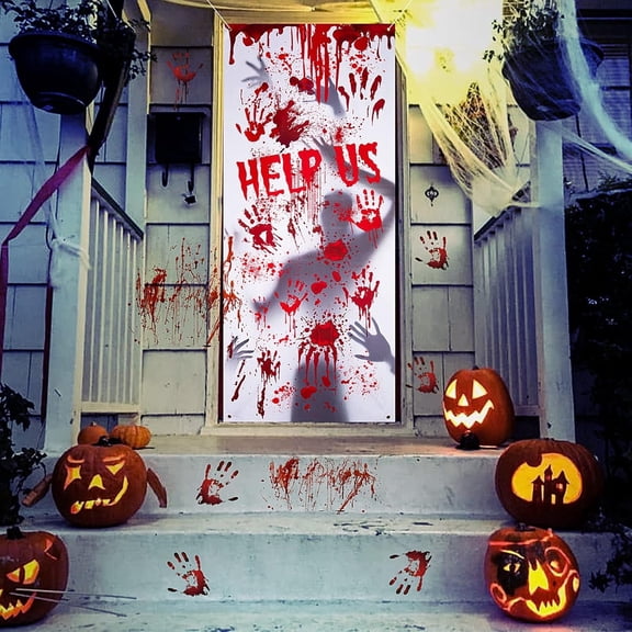 BEIPEGIN Bloody Halloween Door Cover, Fabric Giant Scary Bloody Handprints and Shadowy Figure Window Door Cover for Haunted House Halloween Door Decoration Halloween Party Supplies, 5.9 x 2.5Ft