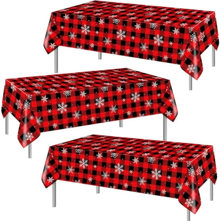 PHOGARY Christmas Buffalo Plaid Table Cloth Snowflake Red Black Check Plastic Tablecloths, 3 Pack Disposable Rectangle Table Cloths for Buffalo Plaid Party Xmas Winter Holiday Decorations