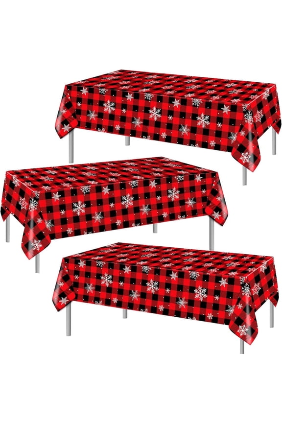 Christmas Buffalo Plaid Table Cloth Snowflake Red Black Check Plastic Tablecloths, 3 Pack Disposable Rectangle Table Cloths for Buffalo Plaid Party Xmas Winter Holiday Decorations