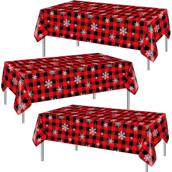 BEIPEGIN Christmas Buffalo Plaid Table Cloth Snowflake Red Black Check Plastic Tablecloths, 3 Pack Disposable Rectangle Table Cloths for Buffalo Plaid Party Xmas Winter Holiday Decorations