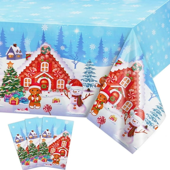 PHOGARY Christmas Plastic Tablecloth, 3 Pack Xmas Tablecloths Rectangle Snowman Table Cloth Winter Party Table Cover, Holiday Tablecovers Disposable Christmas Party Decorations, 54" x 108"
