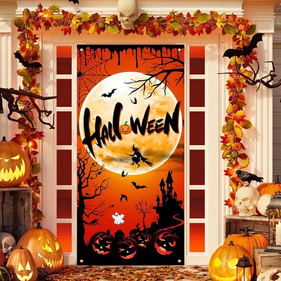 BEIPEGIN Halloween Door Decoration Happy Halloween Door Cover, Large Fabric Halloween Party Decorations Door Cover for Front Door Porch Wall Decoration Halloween Party Supplies, 5.9x2.9 Feet