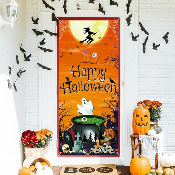 PHOGARY Halloween Door Decoration Happy Halloween Door Cover, Large Fabric Halloween Party Decorations Door Cover for Front Door Porch Wall Decoration Halloween Party Supplies, 5.9x2.9 Feet