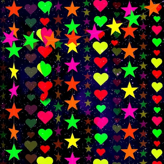 PHOGARY Neon Paper Garlands Love Heart Stars Hanging Streamers Neon Party Glow in the Dark Fluorescent Party Hanging Love Dots Star Banners