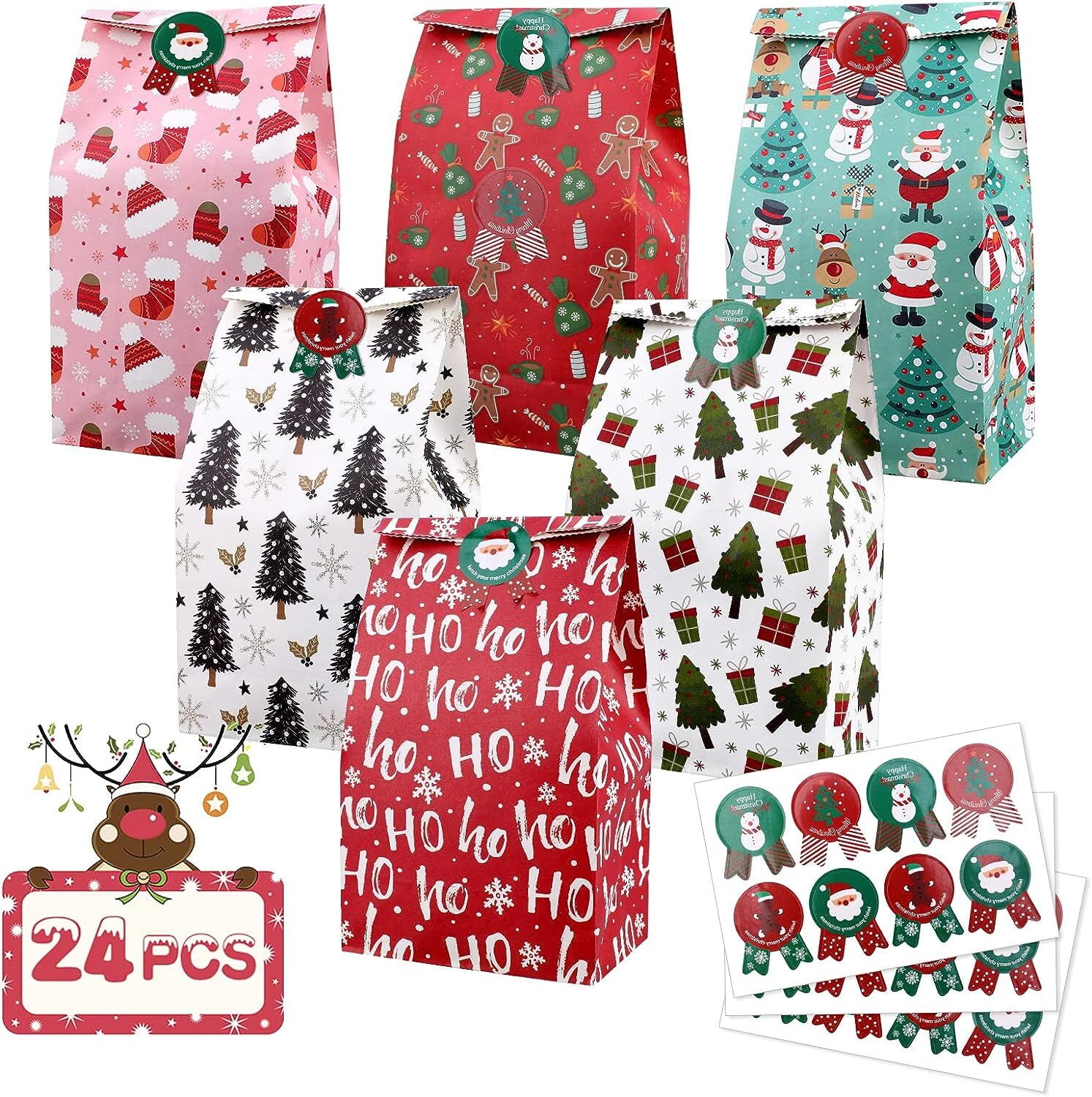 PHOGARY Paper Christmas Treat Bags (24 Pack), Xmas Goodie Bags Party Gift Kraft Bags with Label