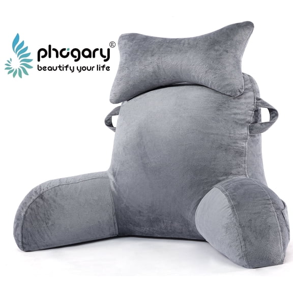 BEIPEGIN Reading Pillow, 23" Backrest Pillow with Arms and Pocket, Bed Rest Pillow with Detachable Neck Roll, Watching TV Bed Rest Reading Gaming Pillow for Adult Kids, Light Grey