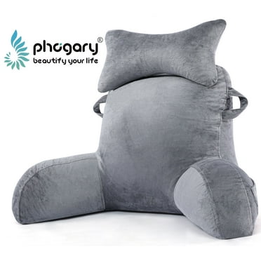 PHOGARY Reading Pillow, 23" Backrest Pillow with Arms and Pocket, Bed Rest Pillow with Detachable Neck Roll, Watching TV Bed Rest Reading Gaming Pillow for Adult Kids, Light Grey