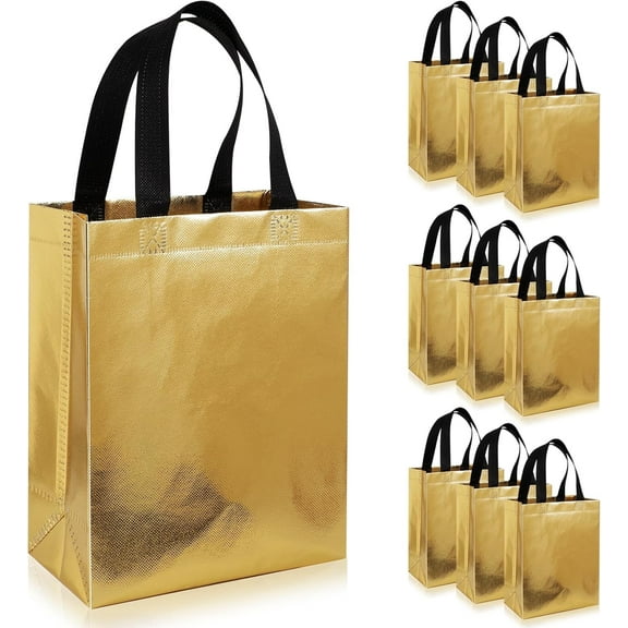 PHOGARY Reusable Gift Bags for Presents, 12 Pack Luxury Birthday Gift Bag Medium Size for Women, Non-Woven Shiny Gold Gift Bag, Graduation Gift Bag Gold Reusable Party Bags for Baby Shower, Wedding
