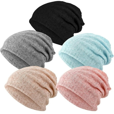 PHOGAY 5 Pack Chemo Headwear Turbans Cap, Women's Slouchy Beanie Chemo Hat Stretch Cancer Head Wraps Sleep Head Scarf for Cancer Patient, 5 Colors