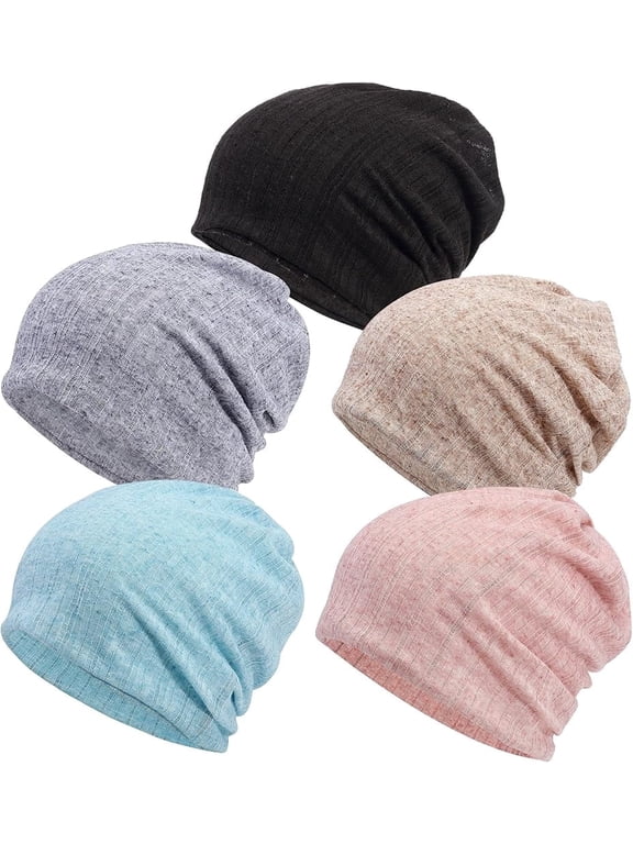 PHOGAY 5 Pack Chemo Headwear Turbans Cap, Women's Slouchy Beanie Chemo Hat Stretch Cancer Head Wraps Sleep Head Scarf for Cancer Patient, 5 Colors