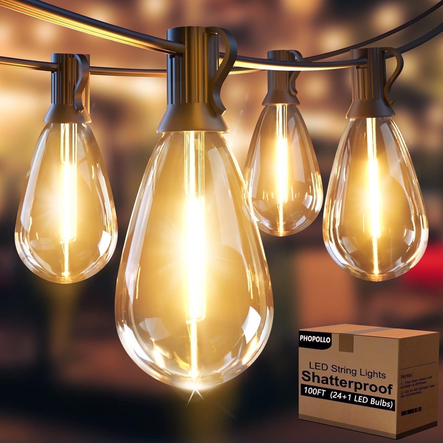 PHOPOLLO S14 LED Outdoor String Lights 100FT,25 bulbs E12 Waterproof Shatterproof, Dimmable Hanging Light Strings for Yard Garden Patio.