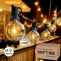 PHOPOLLO 100ft Outdoor String Lights, with 50 Globe Led Patio Bulbs, 110V G40 Waterproof Hanging Lights for Yard, Garden