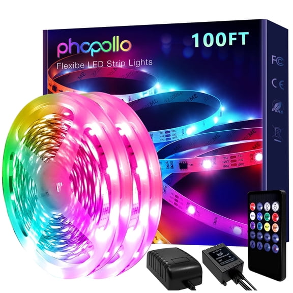 PHOPOLLO 100ft Rgb Led Strip Lights for Indoor Decor, Multicolor Changing Led Light Strips, Sync to Music