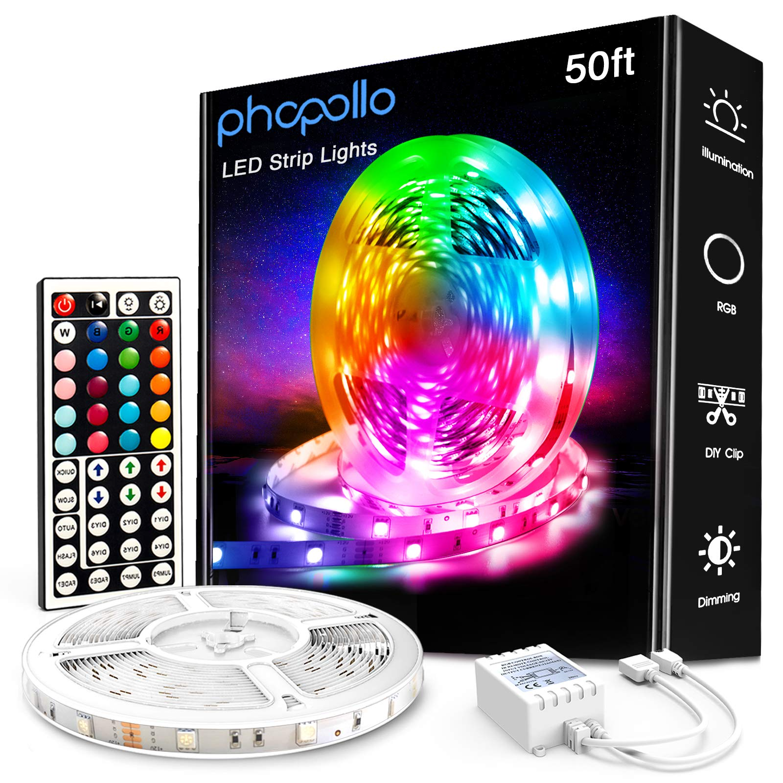 Lepro 50ft RGB LED Strip Lights Set (2x25ft) with 12V ETL Adapter, 5050 LEDs,  Remote Control, Color Changing Tape Light - Ideal for Living Room, Bedroom,  Dining Room, Kitchen