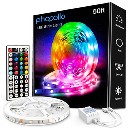 TSV 50ft LED Strip Light 3528 RGB with Remote, Waterproof for Home