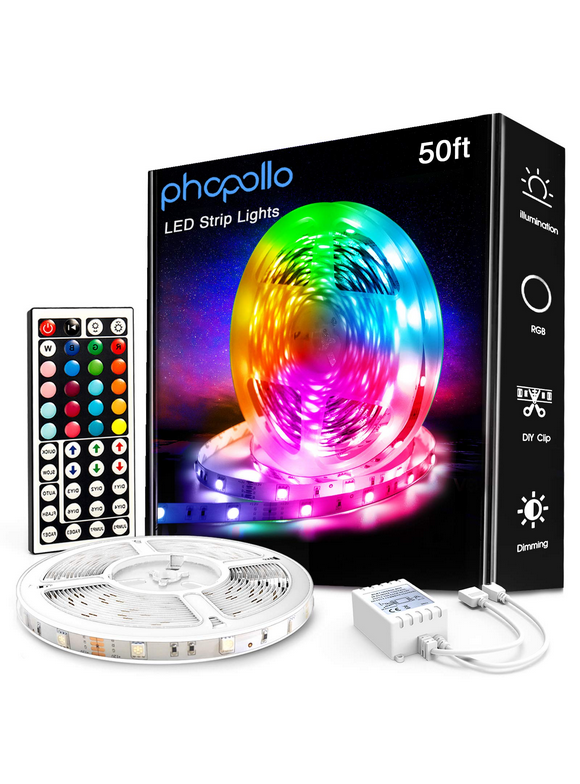 PHOPOLLO 50ft RGB LED Strip Lights for Bedroom, Color Changing LED Lights for Kitchen Party Home Decor