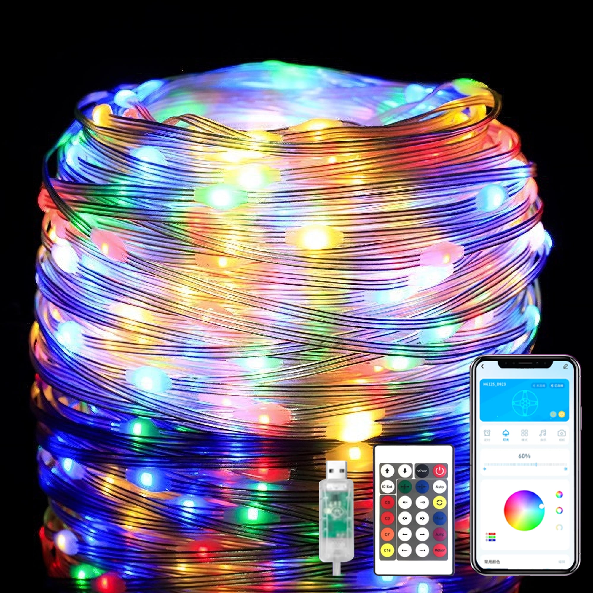PHOPOLLO 50ft Smart RGBIC LED Fairy Lights USB Powered with APP Remote