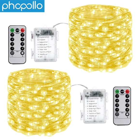 PHOPOLLO Indoor LED Fairy Lights, 33ft Battery Operated Starry String, Copper Wire Moon Lights, 2pack-Warm White