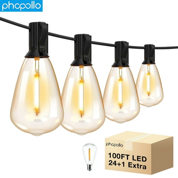 PHOPOLLO Outdoor String Lights 100FT Patio Lights with 24+1 Shatterproof ST38 Vintage Edison Bulbs, Outside Hanging Lights Waterproof for Porch, Deck, Garden, Backyard, Balcony, 2700K