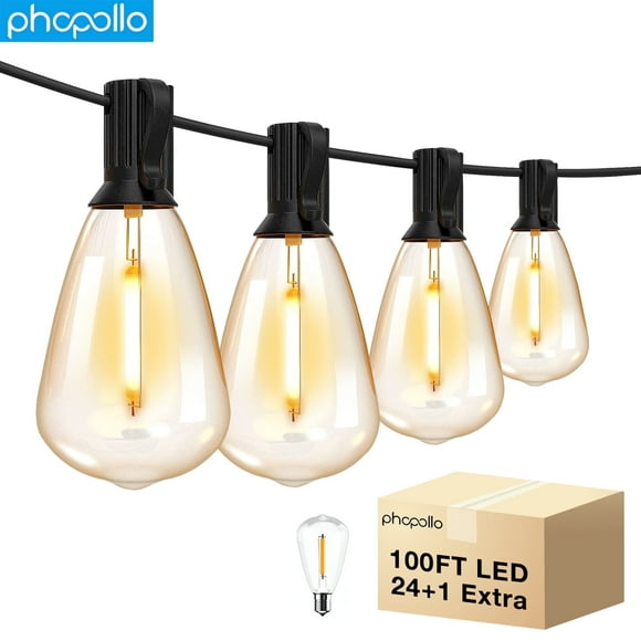 PHOPOLLO Outdoor String Lights 100FT Patio Lights with 24+1 Shatterproof ST38 Vintage Edison Bulbs, Outside Hanging Lights Waterproof for Porch, Deck, Garden, Backyard, Balcony, 2700K