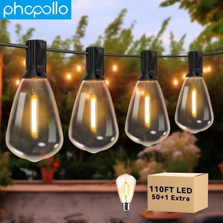 PHOPOLLO Outdoor ST38 String Lights, 110ft with 50 LED Bulbs, Waterproof, Connectable for Yard Patio