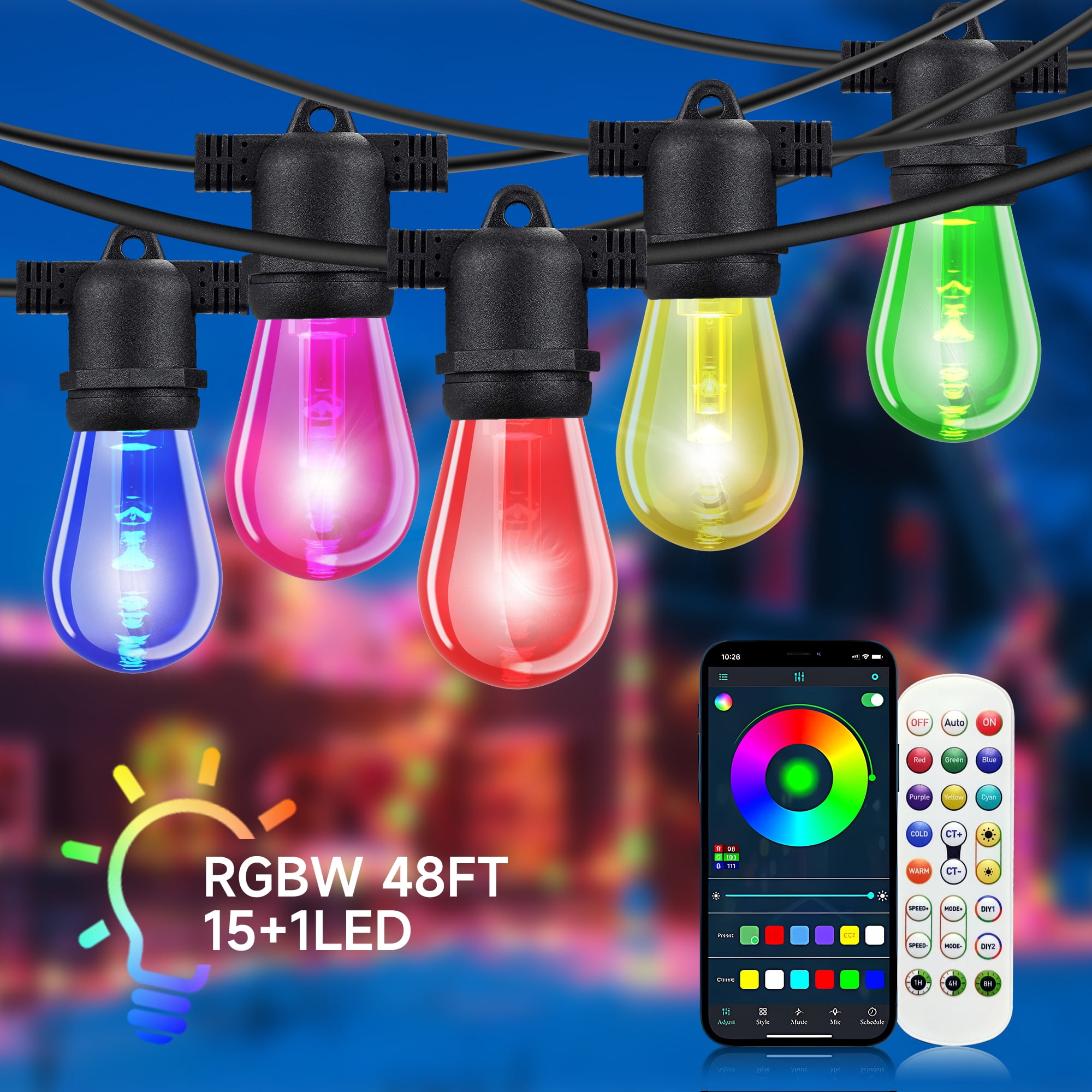 PHOPOLLO Outdoor String Lights, 48ft 15 Bulbs RGB Patio Lights with Remote & APP, S14 Dimmable LED Hanging Lights for Garden Yard Porch Party Decor