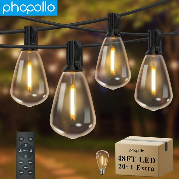 PHOPOLLO Outdoor String Lights, ST38 48ft LED Hanging Lights,20 Vintage Dimmable Bulbs Waterproof and Shatterproof, with Remote control for Proch, Backyard