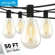 PHOPOLLO S14 50ft LED Outdoor String Lights, with 25 Edison Vintage Bulbs, IP44 Waterproof, Connectable Hanging String Lights for Yard