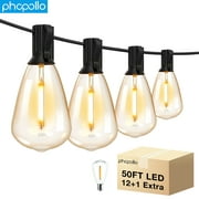 PHOPOLLO ST38 50ft Outdoor String Lights, Waterproof Led Patio Lights,  with 12+1 Shatterproof Edison Vintage Bulbs, Hanging for Yard Bistro Party Wedding