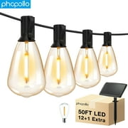 PHOPOLLO ST38 50ft Solar Outdoor String Lights, Waterproof Led Patio Lights with 12+1 Shatterproof Edison Vintage Bulbs, Hanging for Backyard