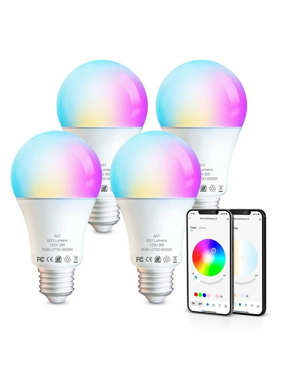 PHOPOLLO Smart Light Bulbs, Bluetooth Light Bulbs with App Control, RGB LED Color Changing Bulbs, A19 E26 9W 800LM, for Home Bedroom (4 Pack)