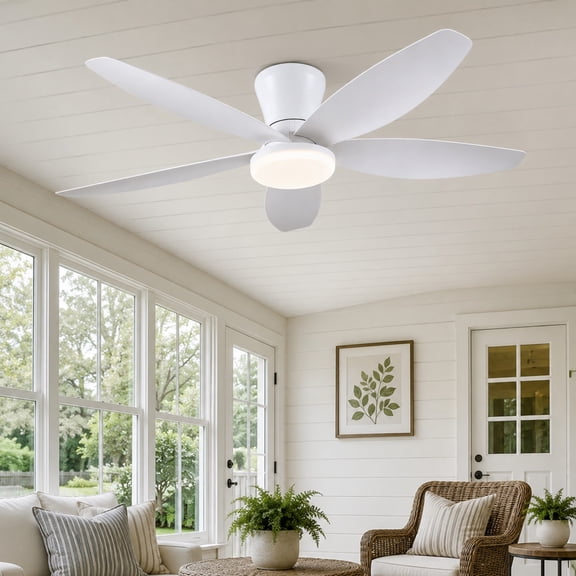 Phorus 36 in Low Profile Ceiling Fan with Light, 5-Blade Flush Mount Fan, Remote and App Control, Reversible DC Motor, White