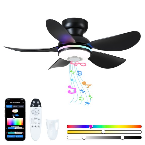 PHORUS 36" RGB Ceiling Fan with Lights & Bluetooth Speaker, Smart Flush Mount Fan with APP & Remote, Dimmable 3CCT LED, Quiet 6-Speed Low Profile Fan for Kids Room, Bedroom, Gaming Room,Black