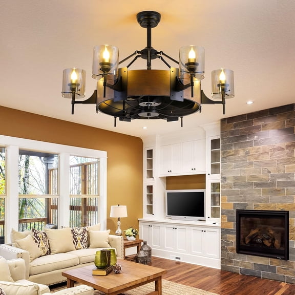 PHORUS 39.5" Caged Ceiling Fan with Light,Matte Black Farmhouse Ceiling Fan with 6 Candle Lights,Rustic Design for Bedroom and Dining Room