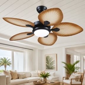 Yiosi 44 in Tropical Ceiling Fan with Lights, Palm Leaf Blades, Remote/App Control, 6-Speed DC Motor, Light Wood