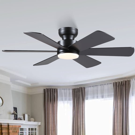 PHORUS 46'' Black Low Profile Flush Mount Ceiling Fan with Lights, Remote & App Control, Dual-Sided Modern/Rustic 6 Blades, Reversible, 3 CCT,Bedroom & Kitchen