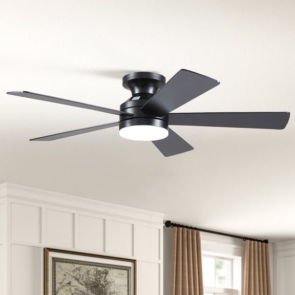 PHORUS 46" Modern Flush Mount Ceiling Fan with Light,Black Low-Profile Design, 5 Reversible Blades, Quiet Motor with 6 Speeds, 3-Tone LED Lighting, Indoor & Covered Outdoor