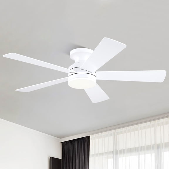 PHORUS 46" Modern Flush Mount Ceiling Fan with Light,Low-Profile Design, 5 Reversible Blades, Quiet Motor with 6 Speeds, 3-Tone LED Lighting, Indoor & Covered Outdoor,White