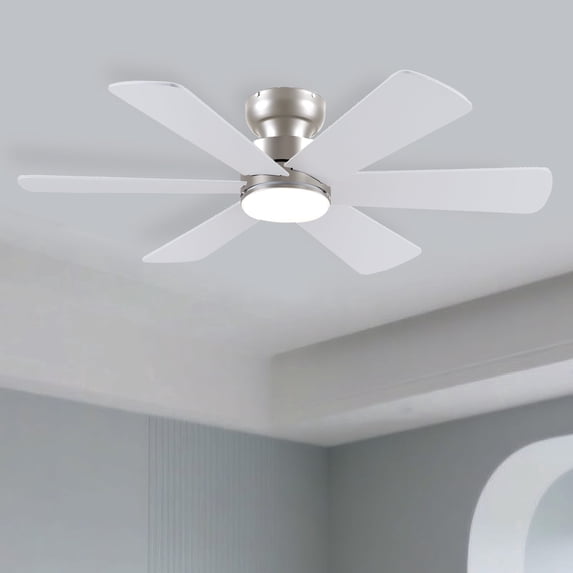 PHORUS 46'' Silver Low Profile Flush Mount Ceiling Fan with Lights, Remote & App Control, Dual-Sided Modern/Rustic 6 Blades, Reversible, 3 CCT,Bedroom & Kitchen