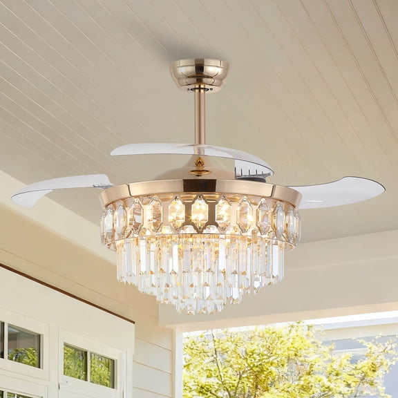 PHORUS 48" Crystal Ceiling Fan Chandelier with Light, Invisible Retractable Blades, DC Motor 6-Speed Dimmable Fan with Remote Control and Timer for Indoor Living Room Bedroom,Gold