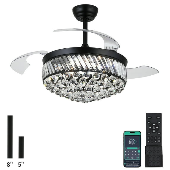 PHORUS 48" Invisible Crystal Ceiling Fan Chandelier with Light, DC Motor 6-Speed Dimmable Fan with Remote Control, Retractable ABS Blades and Timer for Indoor Bedroom Living Room,Black