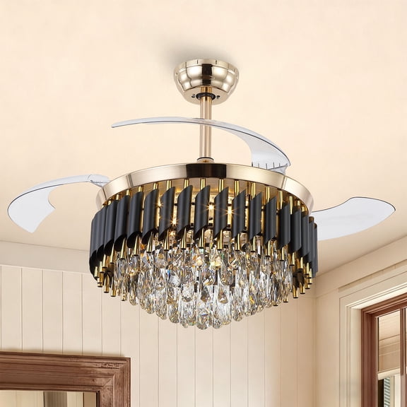 PHORUS 48" Invisible Crystal Ceiling Fan with Light, Quiet DC Motor 6-Speed Dimmable Fan with Remote Control, Retractable ABS Blades and Timer for Bedroom Living Room,Gold