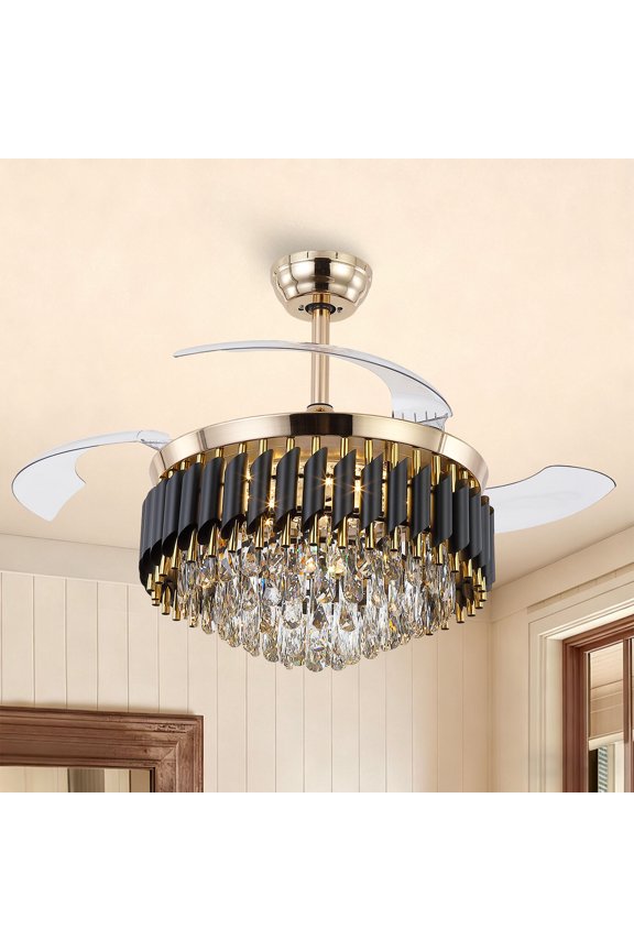 48 in Retractable Crystal Ceiling Fan with Lights, Invisible Blades, Dimmable 3-CCT LED, 6-Speed DC Motor, Gold
