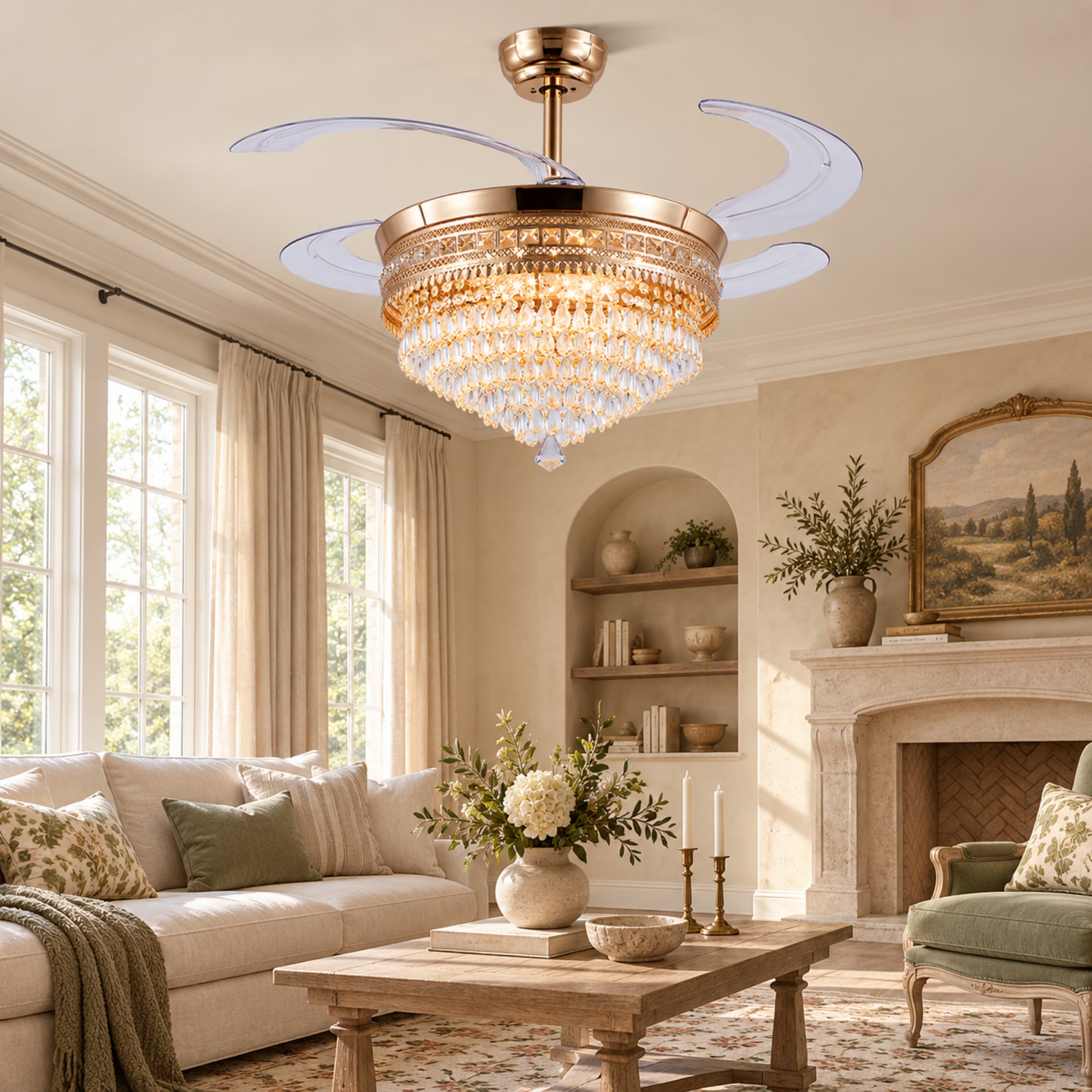 PHORUS 48 in. Gold Retractable Crystal Ceiling Fan with Light