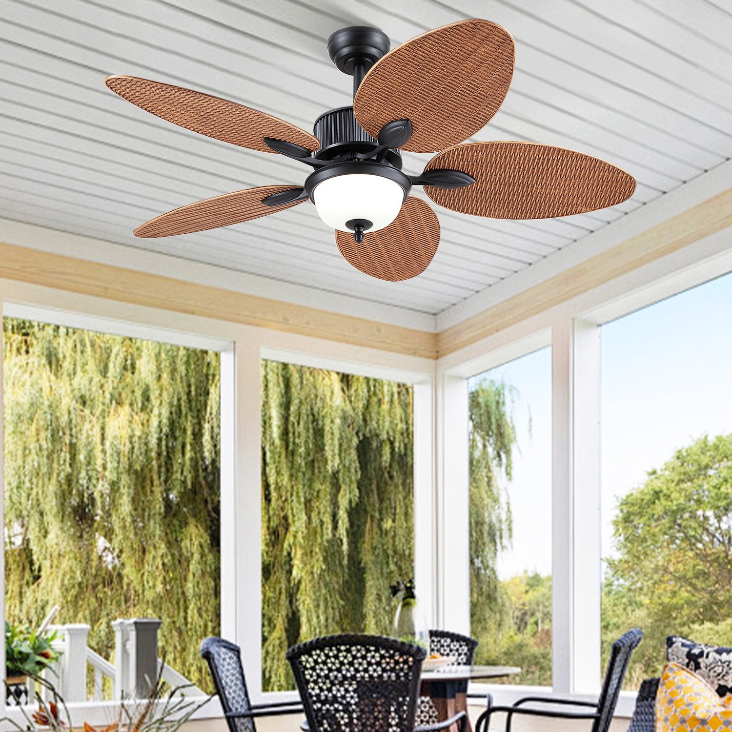 PHORUS 50" Tropical Ceiling Fan with Light and Remote/APP, Outdoor Waterproof Palm Leaf Ceiling Fan, 6 Speeds Quiet DC Motor, Wet Rated for Patio, Porch, Brown