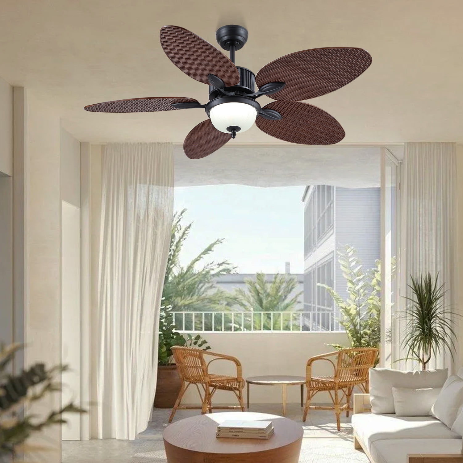 PHORUS 50" Tropical Ceiling Fan with Light and Remote/APP, Outdoor Waterproof Palm Leaf Ceiling Fan, 6 Speeds Quiet DC Motor, Wet Rated for Patio, Porch, Dark Brown