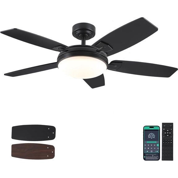 PHORUS 52'' Black Outdoor Ceiling Fan with LED Light, Remote Control, 3-Color Dimmable, Reversible 6-Speed Modern Fan for Bedroom & Kitchen