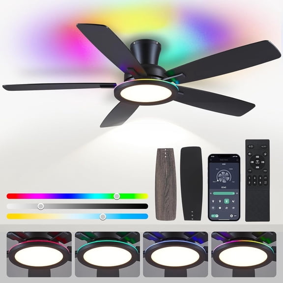 Phorus 52 in Ceiling Fan with LED Light Flush Mount Remote and App Control 6 Blades Black