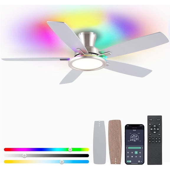 PHORUS 52in Ceiling Fan with Lights Flush Mount Modern Fan Light with Remote RGB LED Brushed Nickel for Bedroom Living Room